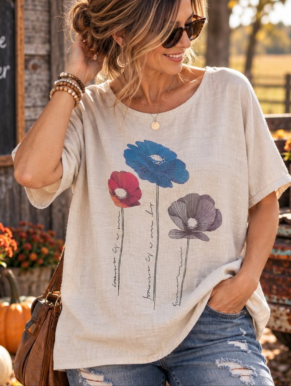 Emery Rose XL Beige Floral Graphic Dolman Sleeve Boho Linen Look Top